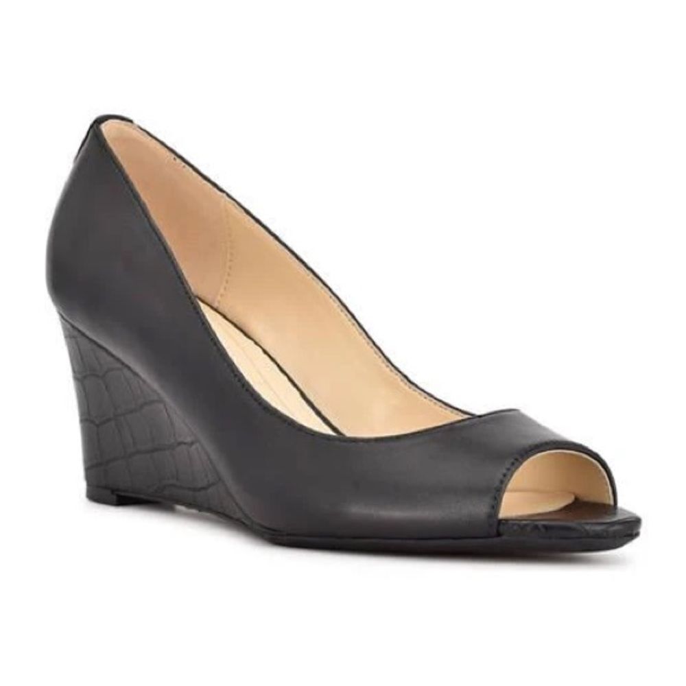 Nine West Black Leather Peep-Toe Wedges
